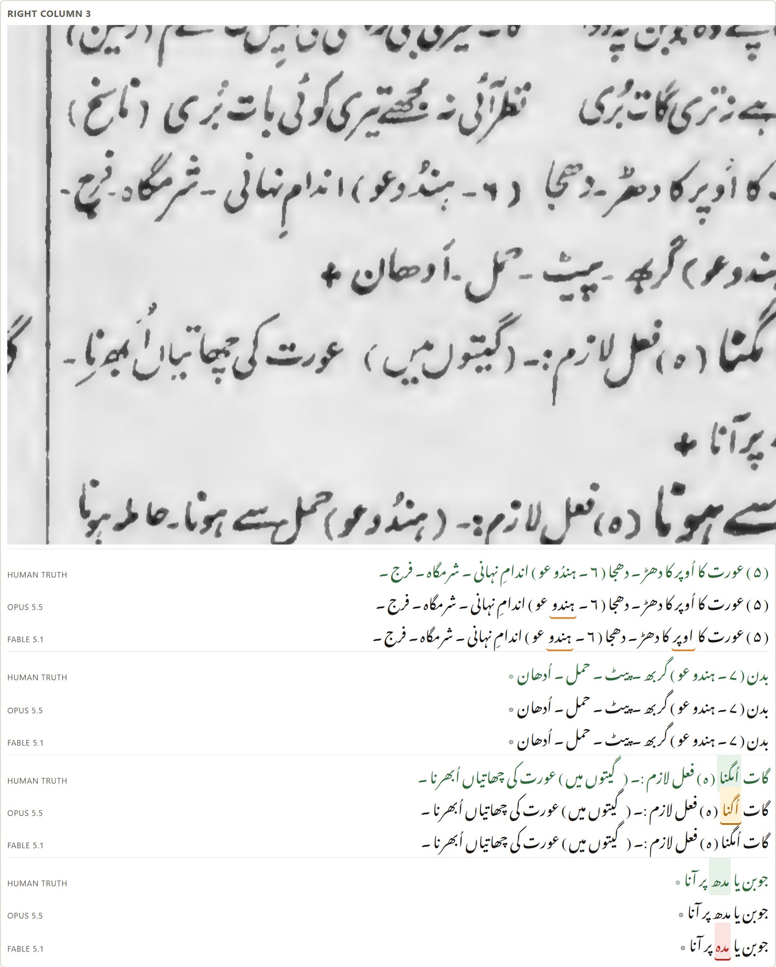 A band of page 13 from the 1908 scan, followed by the human truth and both models' readings of each line, with errors highlighted.